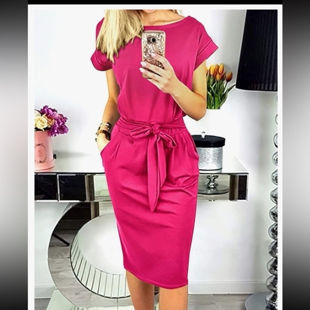 Pink Short Sleeve Knee Length Tie Waist Dress-S